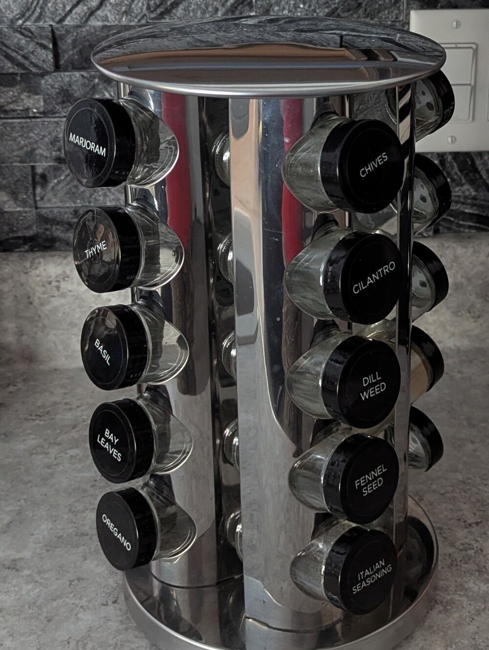 Chrome 20-Jar Rotating Spice Rack with Black Lids